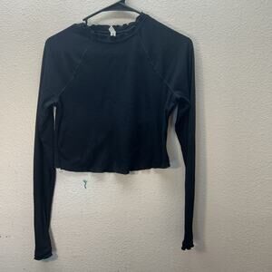 Free People Ribbed Long Sleeve Mock Crewneck Crop Top Cropped Black Size Small